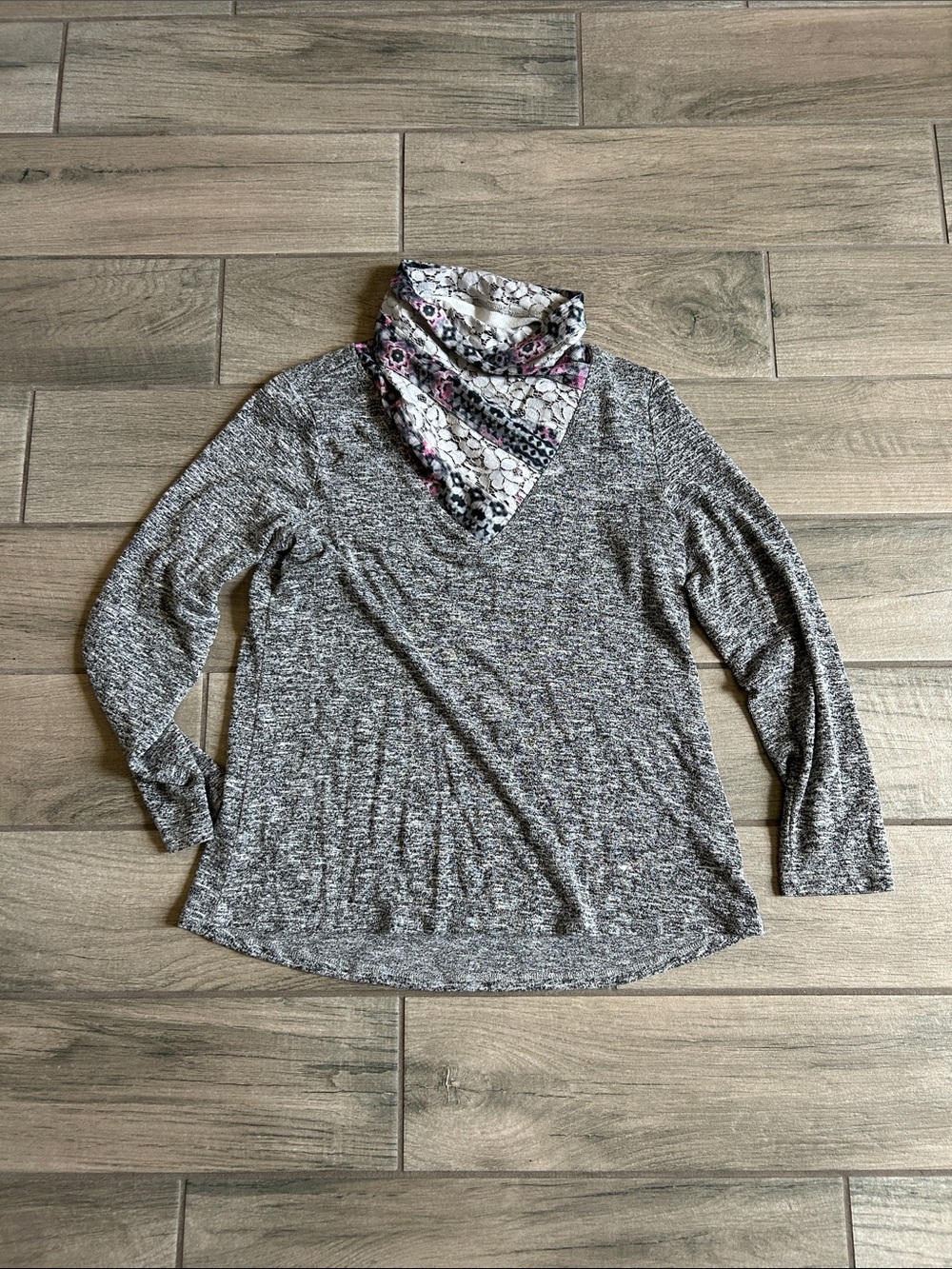 Cozy Gray Marled Long-Sleeve Women's Sweater with Decorative Neck Scarf